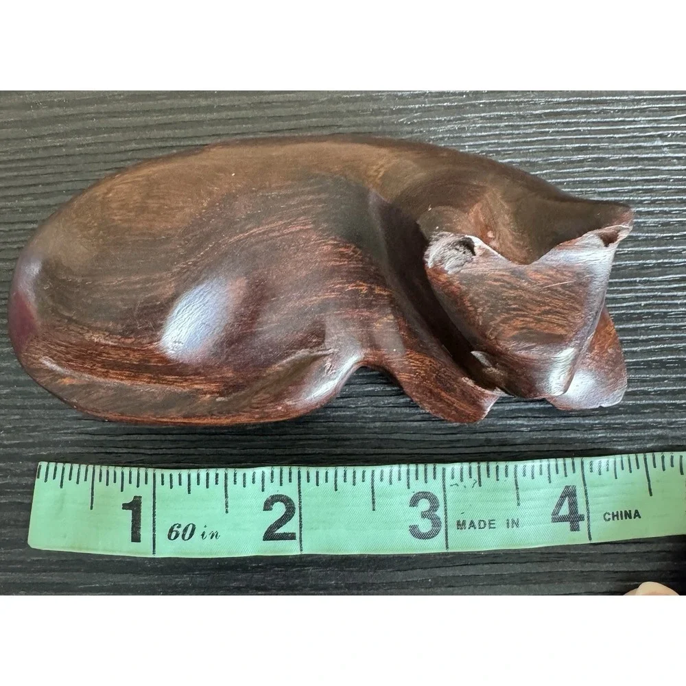 Sleeping Cat Figurine Ironwood Carved Wood Dark Brown 4.25